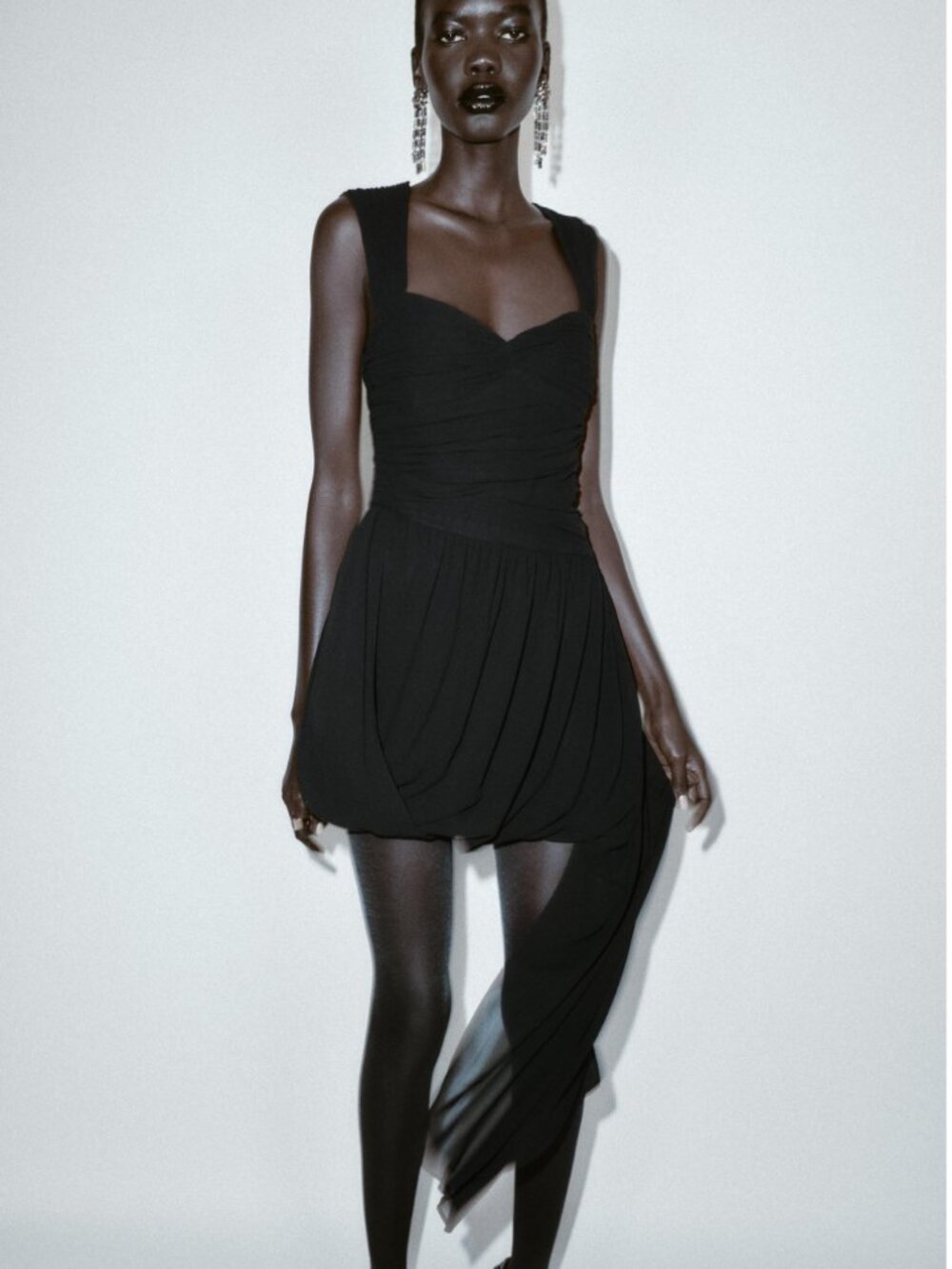 ZARA Draped Mini Dress Black NWT Size S V-Neck Bubble Hem Party Cocktail